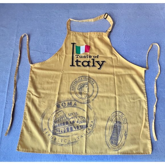 Taste Of Italy Apron With Italian Landmarks Print Cotton Yellow Gray - Picture 1 of 7